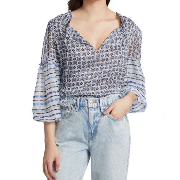 MISA LOS ANGELES Renata Chiffon Blouse Lightweight Blouson Sleeve Blue Size L - Picture 2 of 12